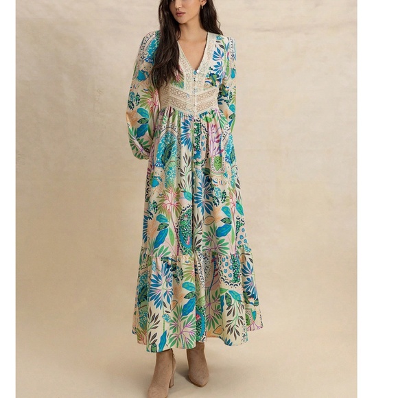 Plus Floral Print V neck Button Down Long Sleeve Maxi Dress - Picture 2 of 6
